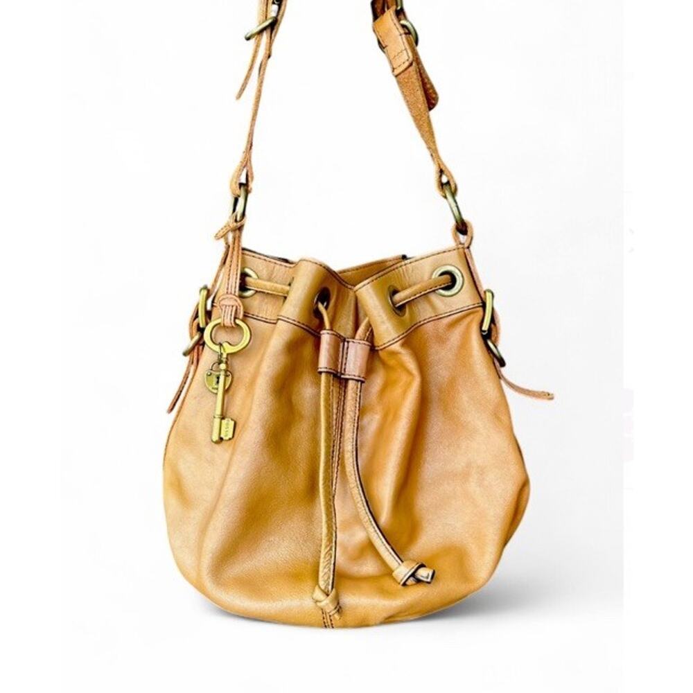 Fossil Tan Genuine Leather Vintage Bucket Bag Shoulder Purse Key Charm Y2K - Picture 7 of 10